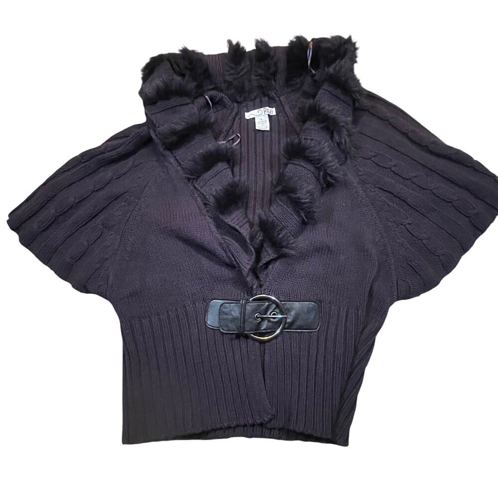 Vintage RXB Womens Large Purple Cable Knit Cardigan Faux Fur Trim Belted Sweater